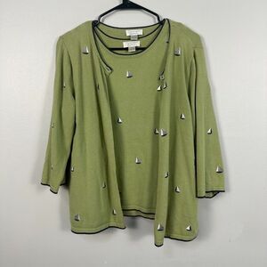 Christopher & Banks Womens Green Sweater Tank Cardigan Green Large Embroidered
